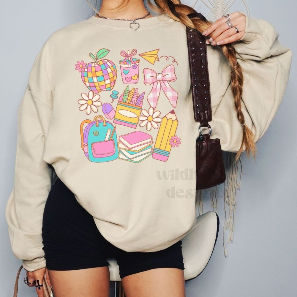 Retro Teacher Sweatshirt, Teacher Shirt, Back To School - Sand - Picture 1 of 4